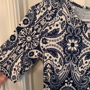 Blue and white dress.